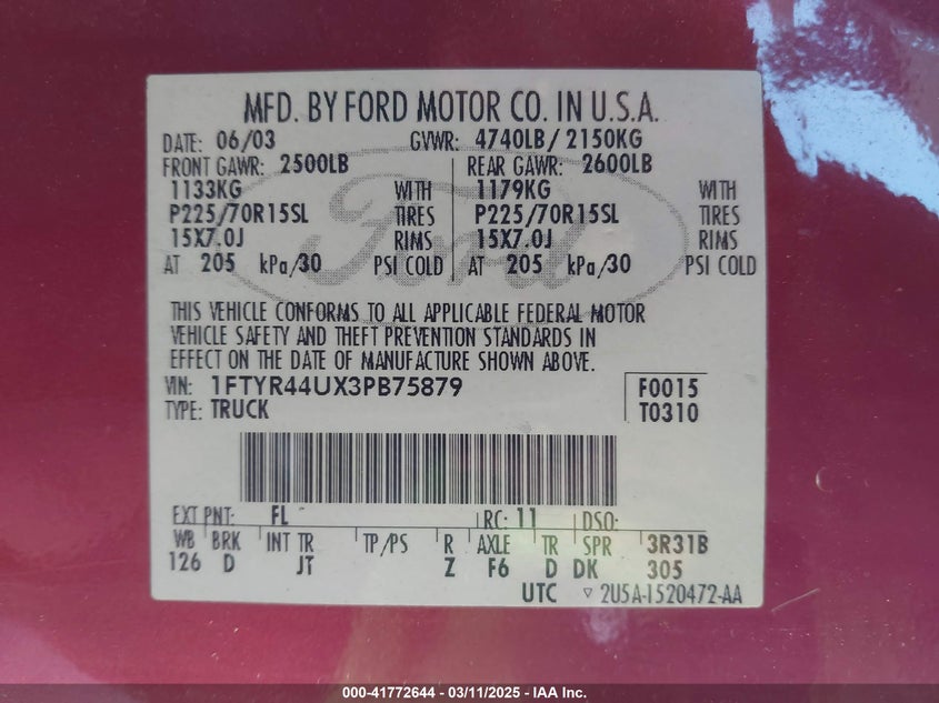 2003 Ford Ranger Edge/Tremor/Xlt VIN: 1FTYR44UX3PB75879 Lot: 41772644