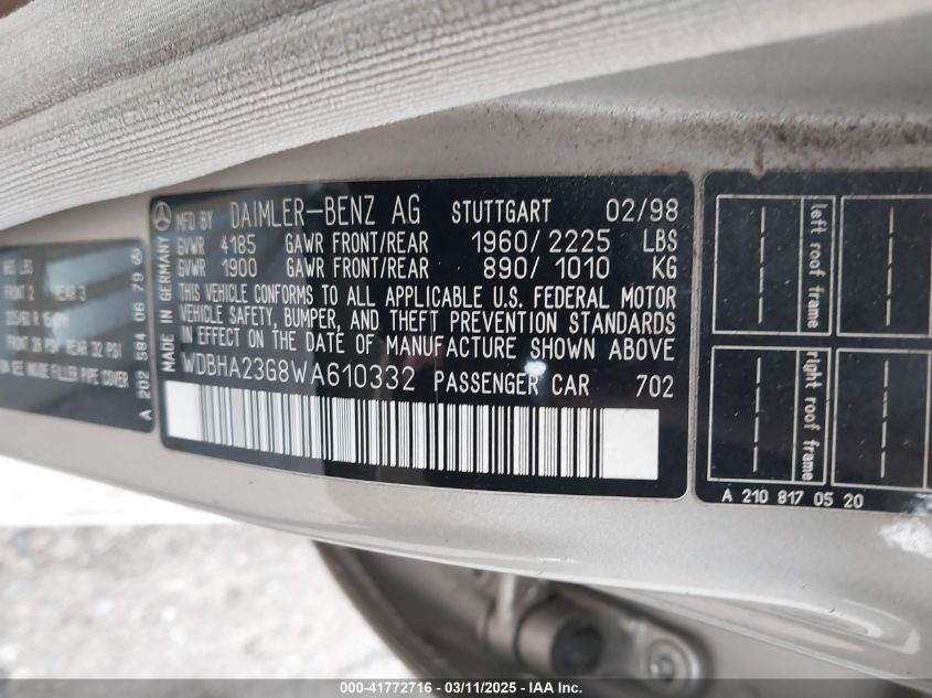1998 Mercedes-Benz C 230 VIN: WDBHA23G8WA610332 Lot: 41772716
