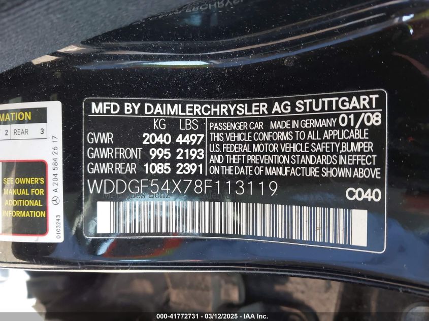 2008 Mercedes-Benz C 300 Luxury/Sport VIN: WDDGF54X78F113119 Lot: 41772731