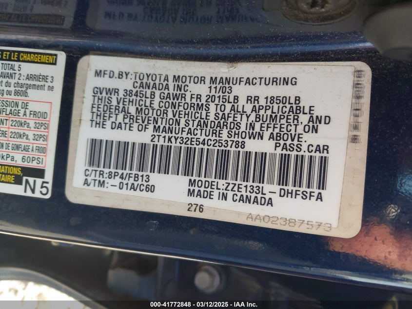 2004 Toyota Matrix Xrs VIN: 2T1KY32E54C253788 Lot: 41772848