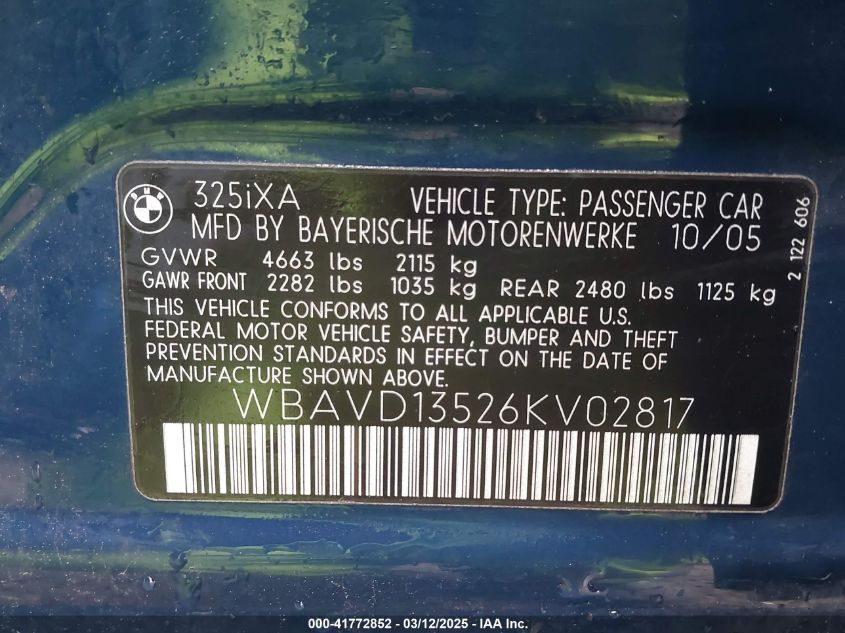 2006 BMW 325Xi VIN: WBAVD13526KV02817 Lot: 41772852