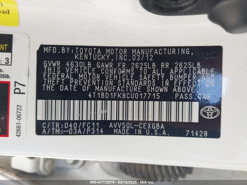2012 TOYOTA CAMRY VIN: 4T1BD1FK8CU017715