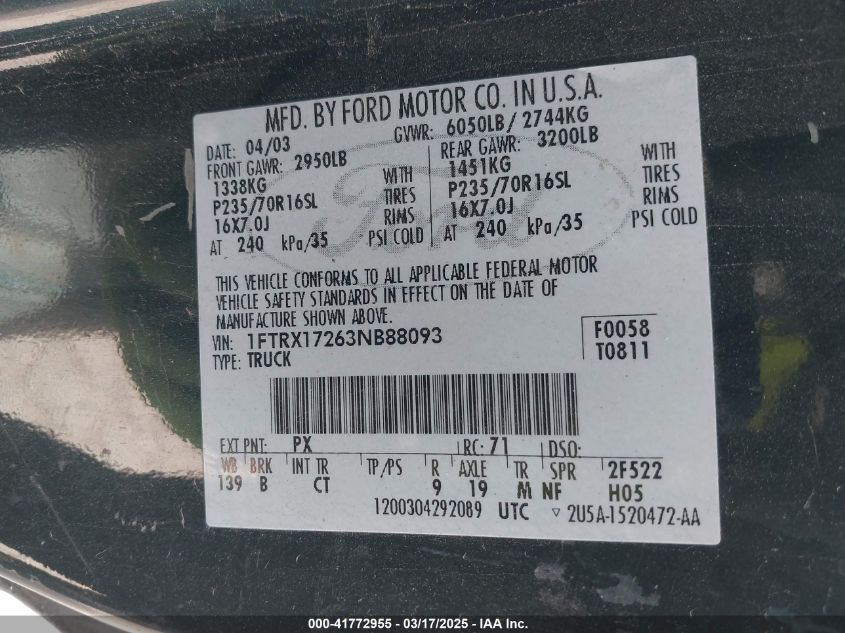 2003 Ford F150 Xl/Xlt VIN: 1FTRX17263NB880 Lot: 41772955
