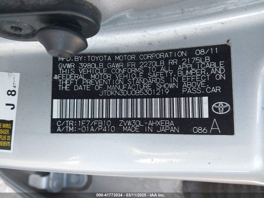 2011 TOYOTA PRIUS VIN: JTDKN3DU0B5301219