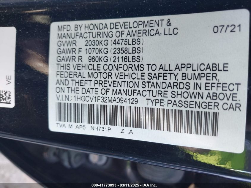 2021 Honda Accord Sport VIN: 1HGCV1F32MA094129 Lot: 41773093