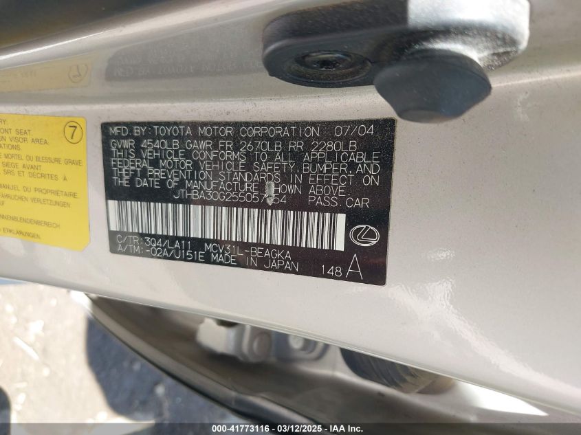 2005 Lexus Es 330 VIN: JTHBA30G255057054 Lot: 41773116