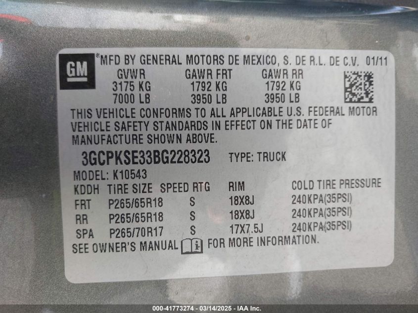 2011 Chevrolet Silverado 1500 Lt VIN: 3GCPKSE33BG228323 Lot: 41773274