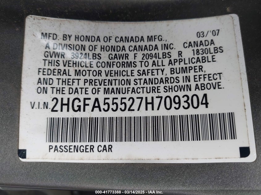 2007 HONDA CIVIC VIN: 2HGFA55527H709304