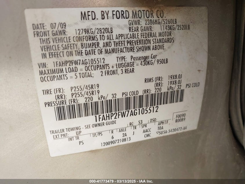 2010 FORD TAURUS VIN: 1FAHP2FW7AG105512
