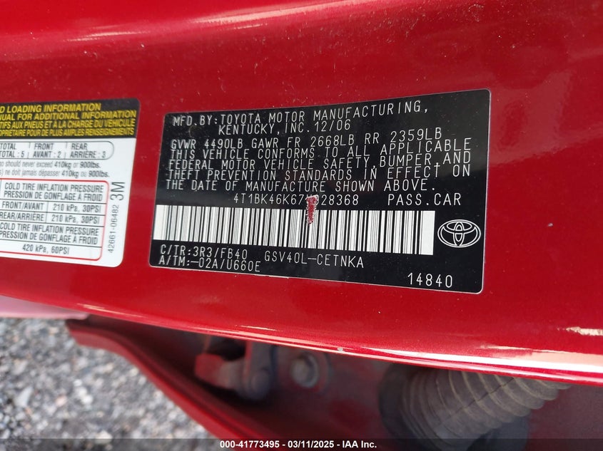 2007 Toyota Camry Le V6 VIN: 4T1BK46K67U028368 Lot: 41773495