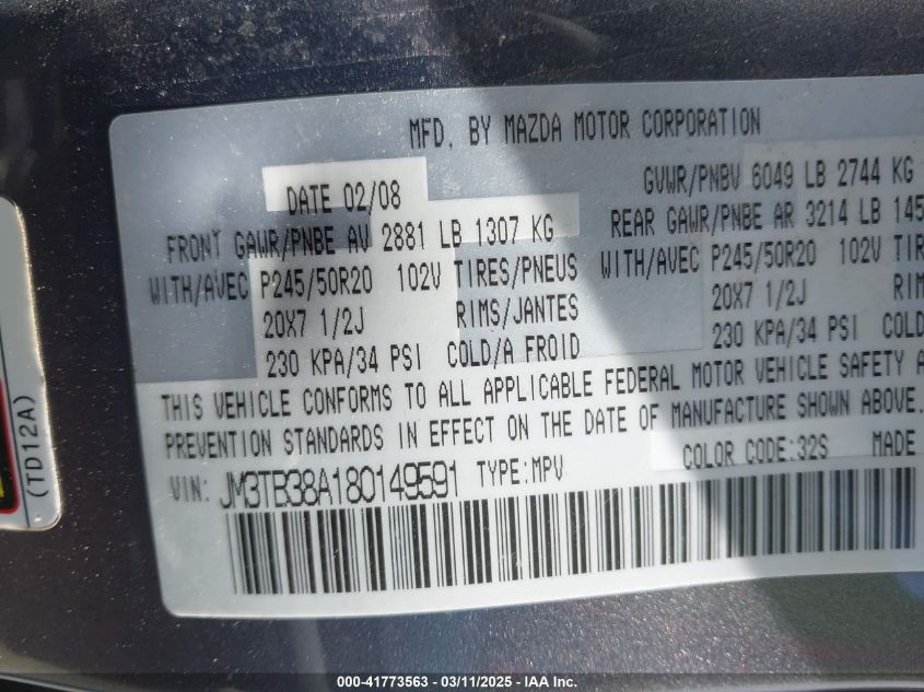 2008 Mazda Cx-9 Grand Touring VIN: JM3TB38A180149591 Lot: 41773563