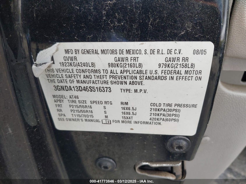 2006 CHEVROLET HHR VIN: 3GNDA13D46S516373