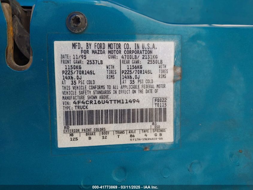 1996 Mazda B3000 Cab Plus VIN: 4F4CR16U4TTM11494 Lot: 41773869