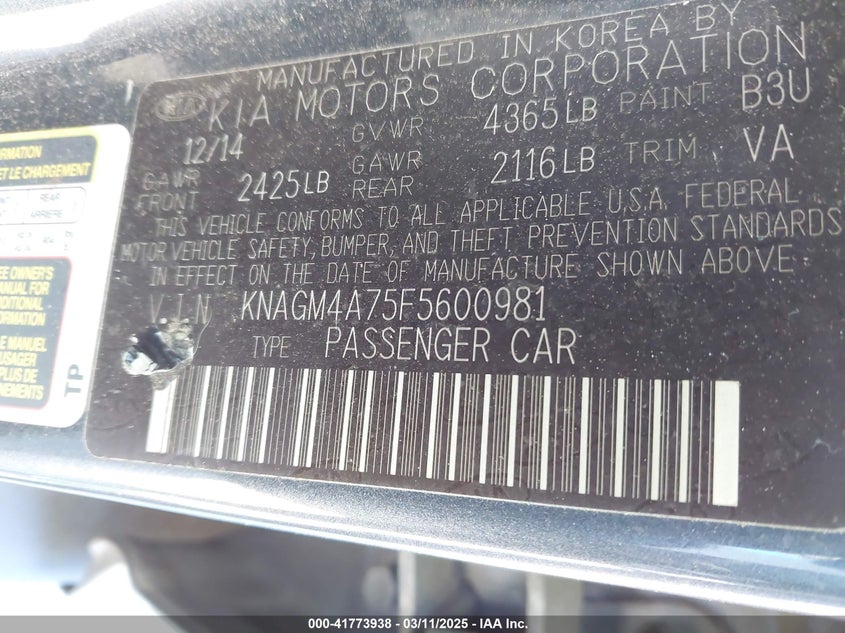 2015 KIA OPTIMA VIN: KNAGM4A75F5600981