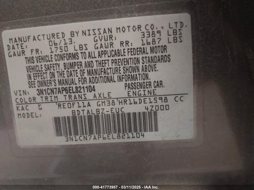 2014 NISSAN VERSA VIN: 3N1CN7AP6EL821104