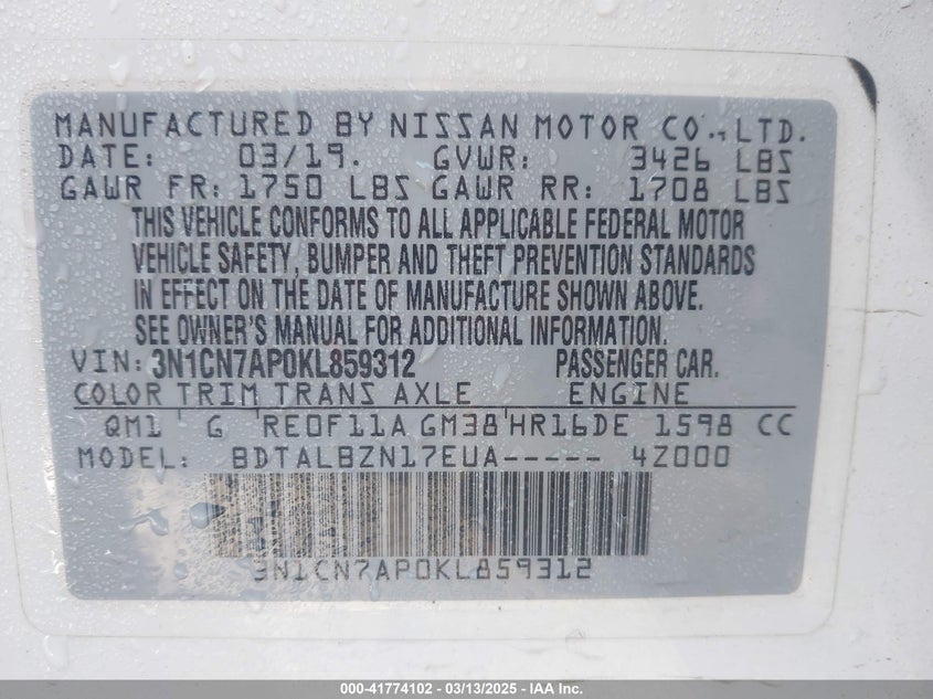 2019 NISSAN VERSA 1.6 SV - 3N1CN7AP0KL859312