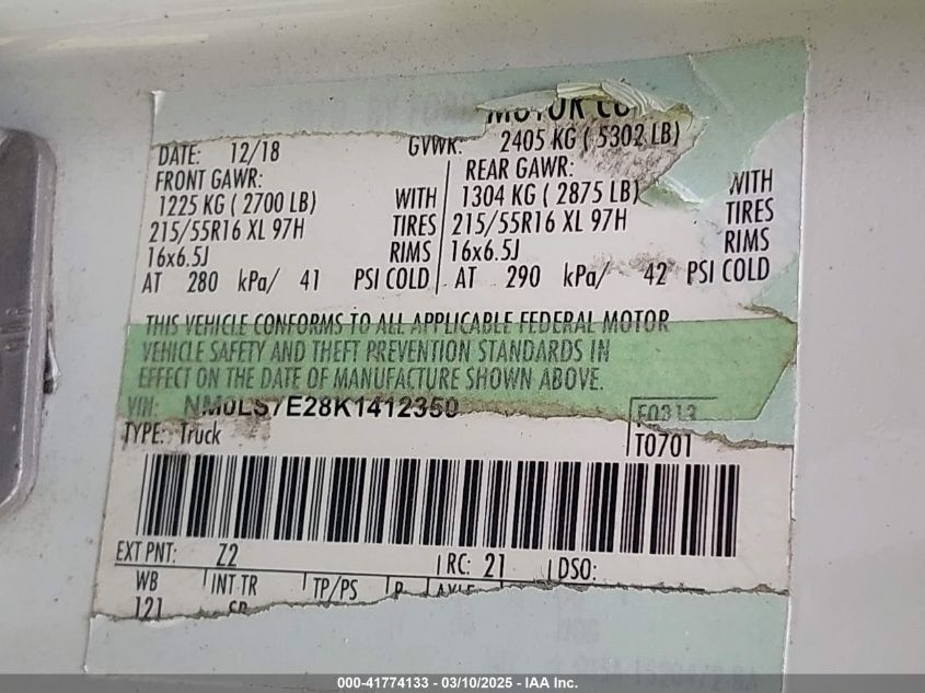 2019 Ford Transit Connect Xl VIN: NM0LS7E28K1412350 Lot: 41774133