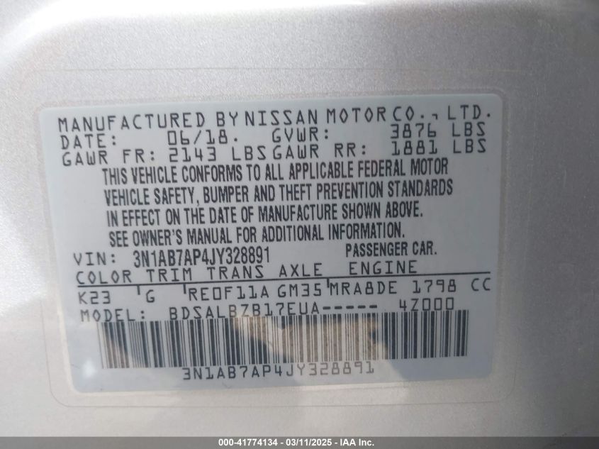 2018 Nissan Sentra S VIN: 3N1AB7AP4JY328891 Lot: 41774134