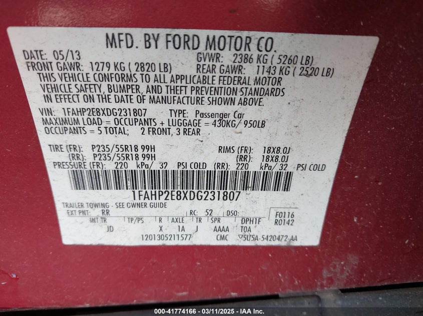 2013 FORD TAURUS VIN: 1FAHP2E8XDG231807