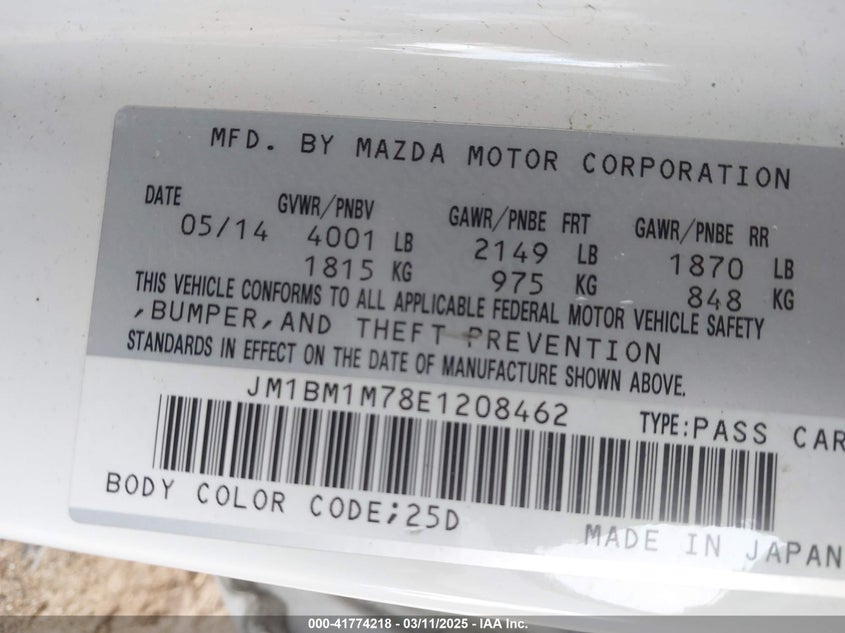 2014 MAZDA MAZDA3 VIN: JM1BM1M78E1208462
