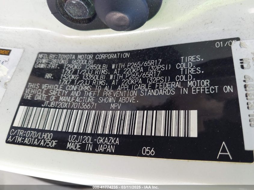 2007 Lexus Gx 470 VIN: JTJBT20X170136671 Lot: 41774235