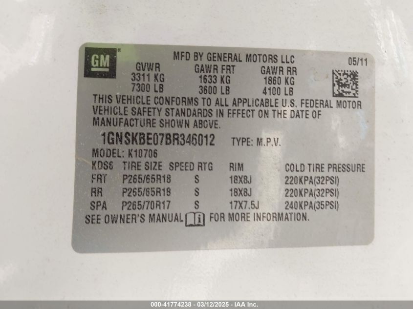 2011 Chevrolet Tahoe Lt VIN: 1GNSKBE07BR346012 Lot: 41774238