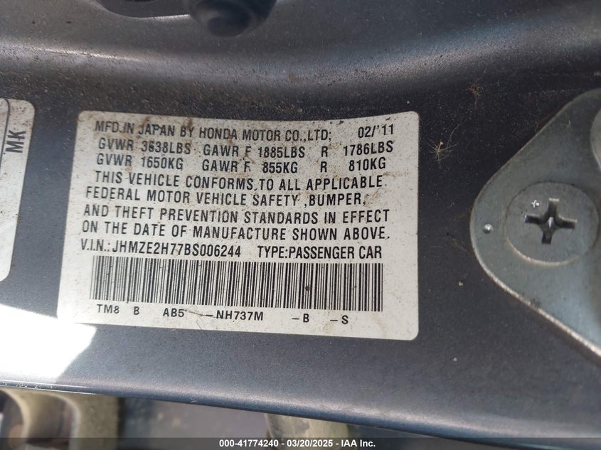 2011 HONDA INSIGHT VIN: JHMZE2H77BS006244