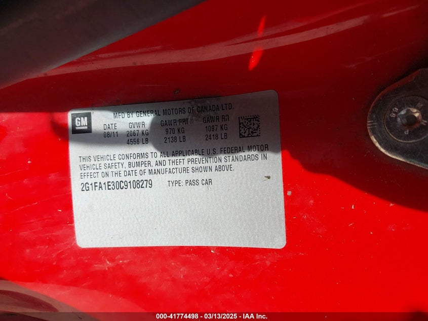 2012 CHEVROLET CAMARO VIN: 2G1FA1E30C9108279