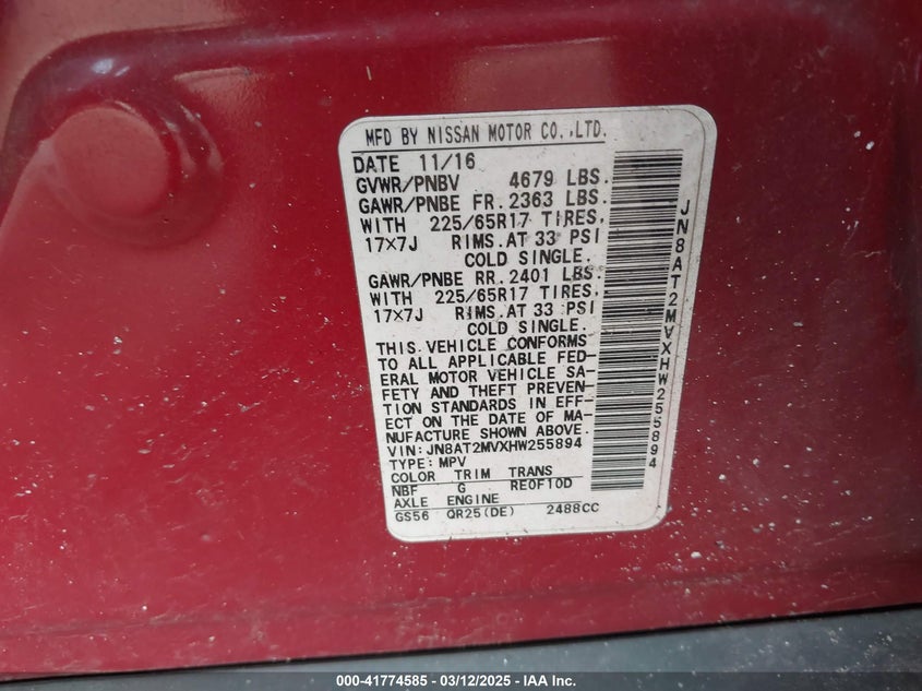 2017 NISSAN ROGUE VIN: JN8AT2MVXHW255894
