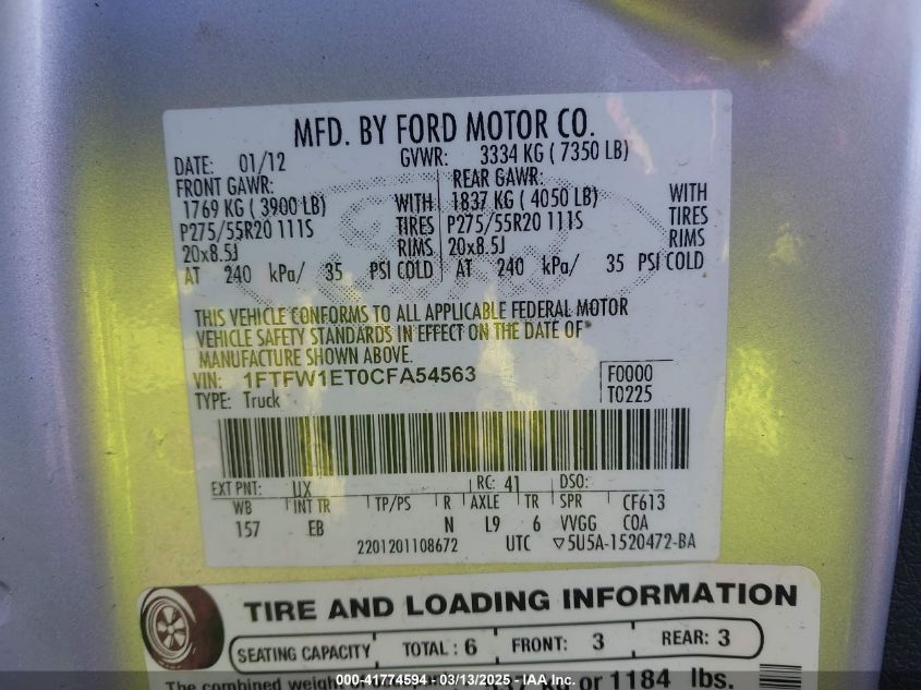 2012 Ford F-150 Lariat VIN: 1FTFW1ET0CFA54563 Lot: 41774594