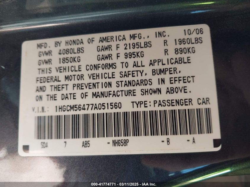 2007 Honda Accord 2.4 Lx VIN: 1HGCM56477A051560 Lot: 41774771