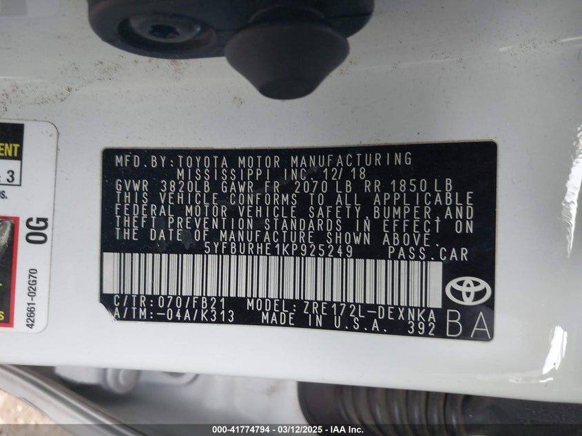 2019 TOYOTA COROLLA VIN: 5YFBURHE1KP925249
