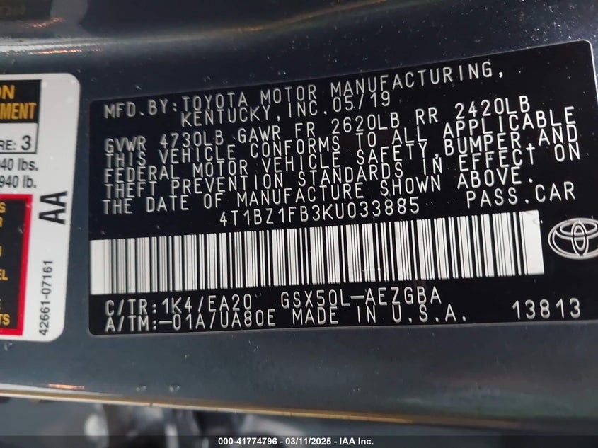 2019 TOYOTA AVALON VIN: 4T1BZ1FB3KU033885
