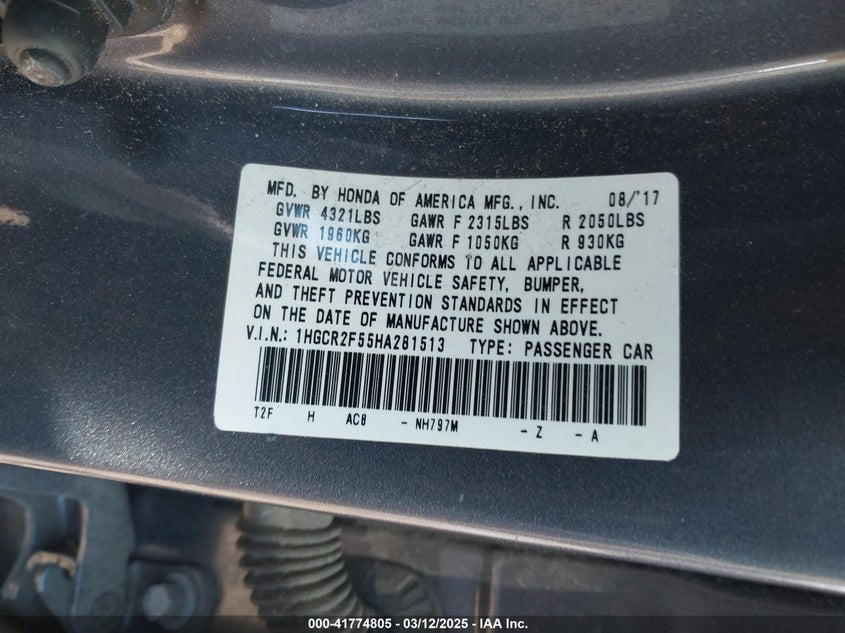 2017 HONDA ACCORD VIN: 1HGCR2F55HA281513