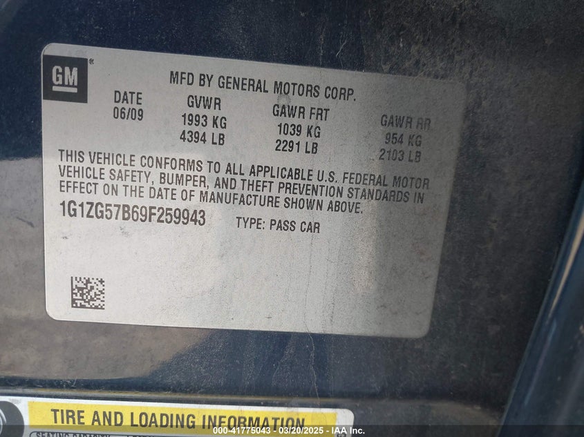 2009 CHEVROLET MALIBU VIN: 1G1ZG57B69F259943