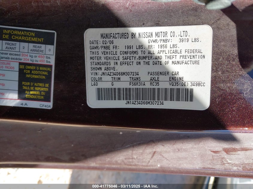 2006 NISSAN 350Z VIN: JN1AZ34D66M307234