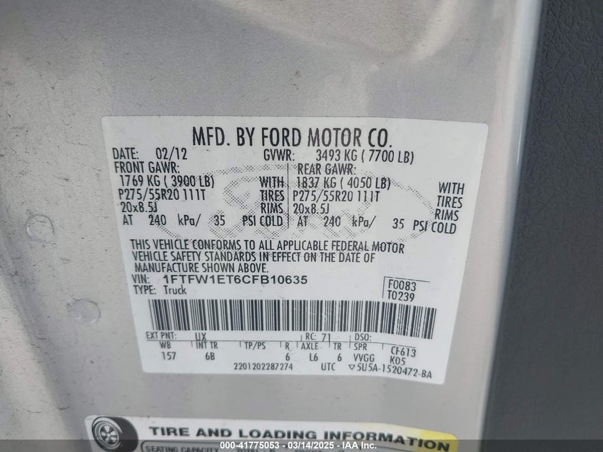 2012 FORD F150 VIN: 1FTFW1ET6CFB10635