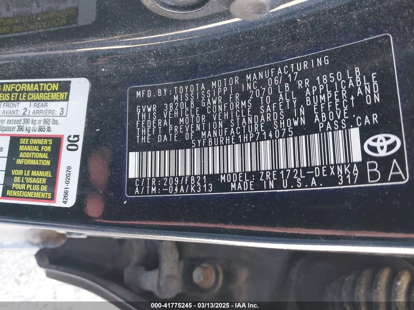 2017 TOYOTA COROLLA VIN: 5YFBURHE1HP714075