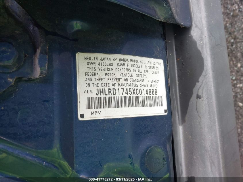 1999 Honda Cr-V Lx VIN: JHLRD1745XC014868 Lot: 41775272
