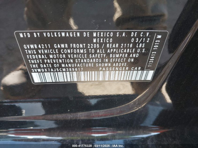 2012 Volkswagen Jetta 2.5L Se VIN: 3VWDX7AJ5CM389617 Lot: 41775328