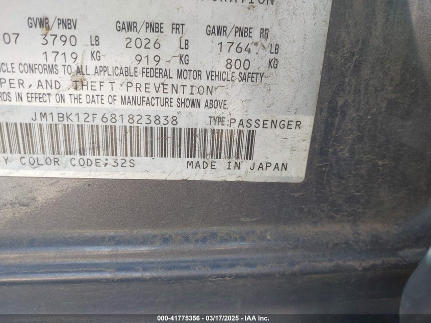 2008 MAZDA MAZDA3 VIN: JM1BK12F681823838