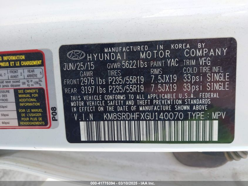 2016 Hyundai Santa Fe Se VIN: KM8SRDHFXGU140070 Lot: 41775394