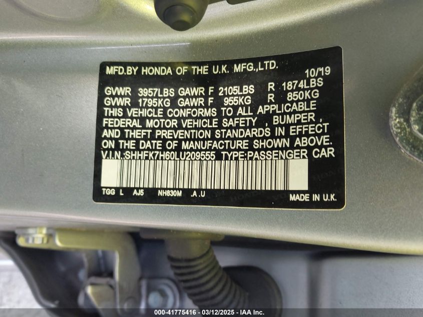 2020 Honda Civic Ex VIN: SHHFK7H60LU209555 Lot: 41775416