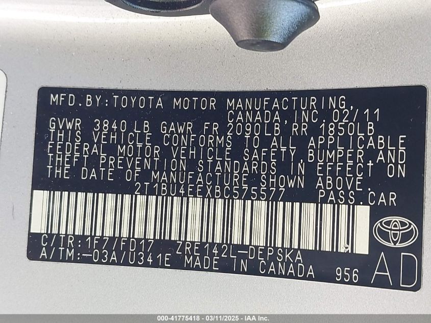 2011 Toyota Corolla S VIN: 2T1BU4EEXBC575577 Lot: 41775418