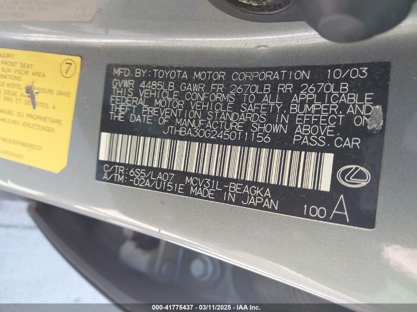 2004 Lexus Es 330 VIN: JTHBA30G245011156 Lot: 41775437