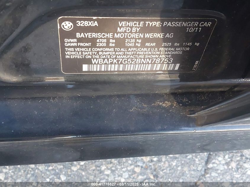2011 BMW 328I xDrive VIN: WBAPK7G52BNN78753 Lot: 41775527