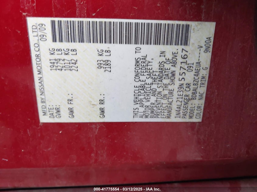 2009 NISSAN ALTIMA VIN: 1N4AL21E39N557167