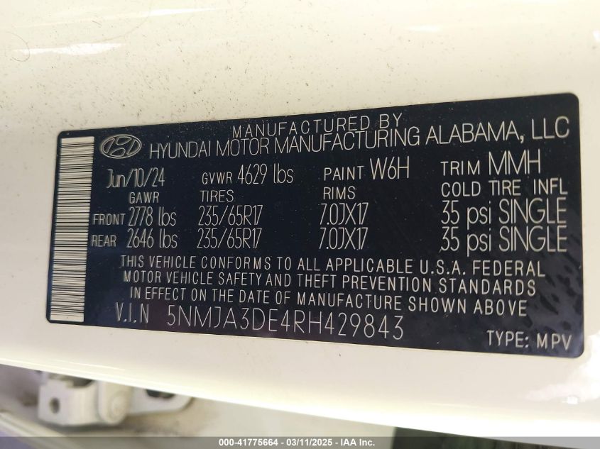 2024 Hyundai Tucson Se VIN: 5NMJA3DE4RH429843 Lot: 41775664