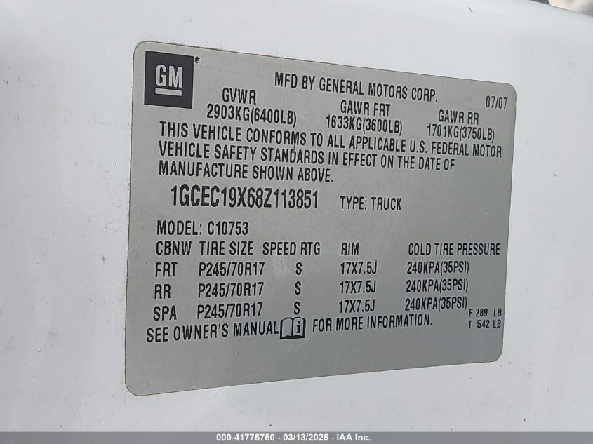 2008 Chevrolet Silverado 1500 Work Truck VIN: 1GCEC19X68Z113851 Lot: 41775750