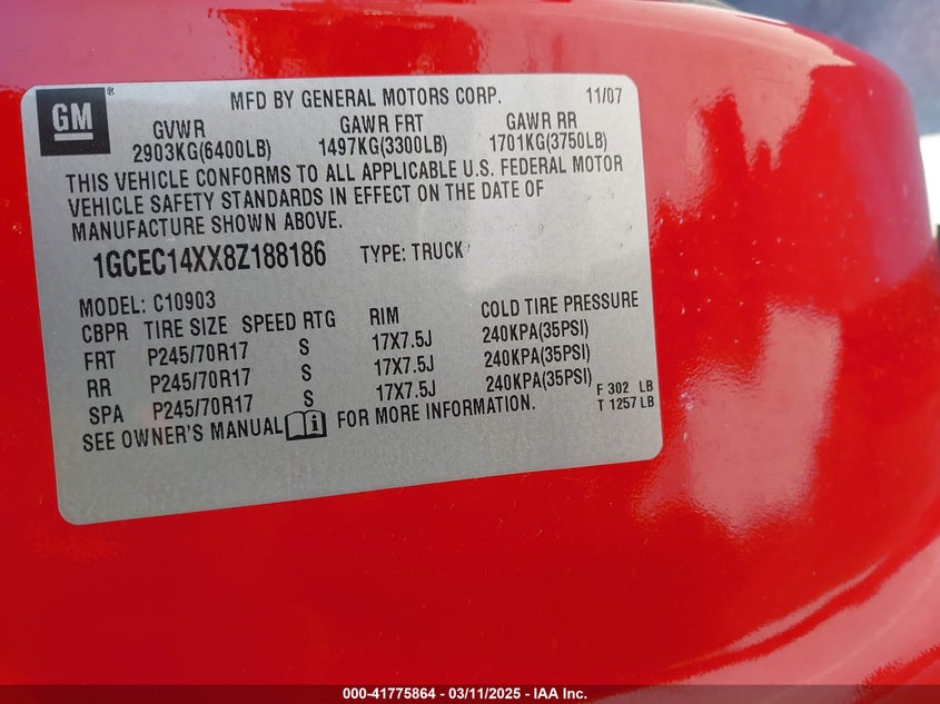 2008 CHEVROLET SILVERADO 1500 VIN: 1GCEC14XX8Z188186